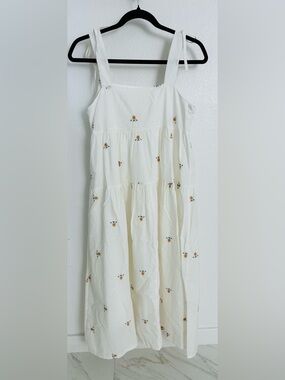 White Tiered Sundress with Tiny Yellow Floral Embroidery